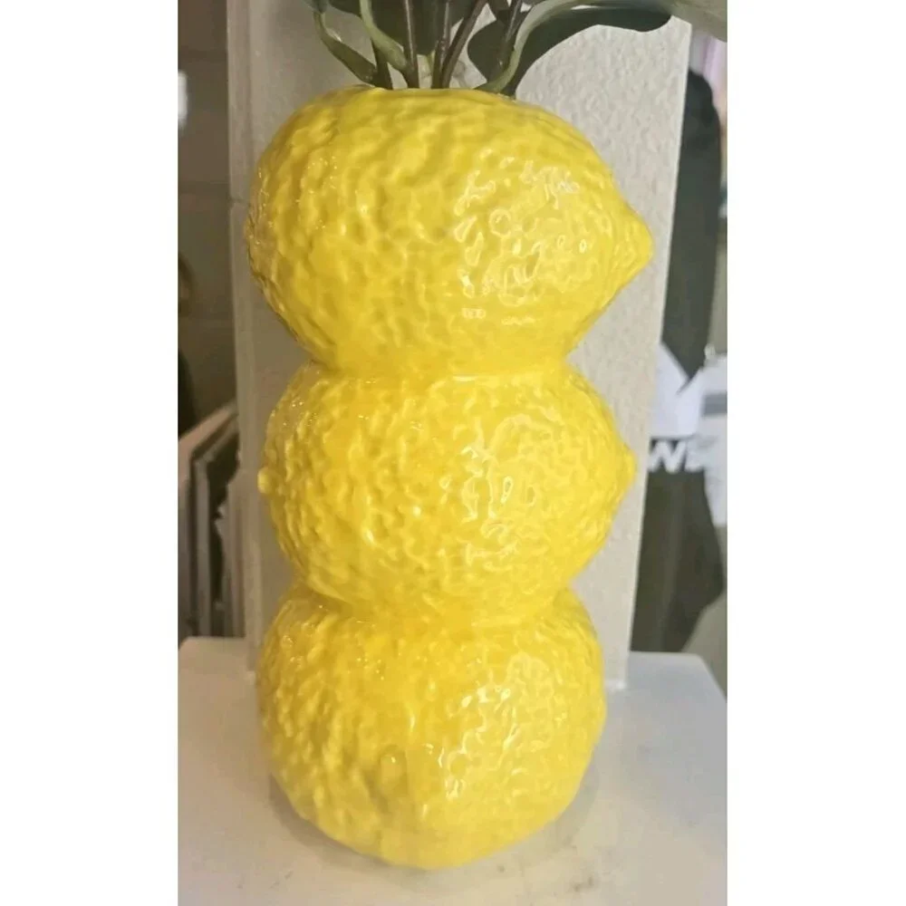 New Yellow Zesty Staked Lemons Vase W/ Artifi / Fake Plant Room Home Decor